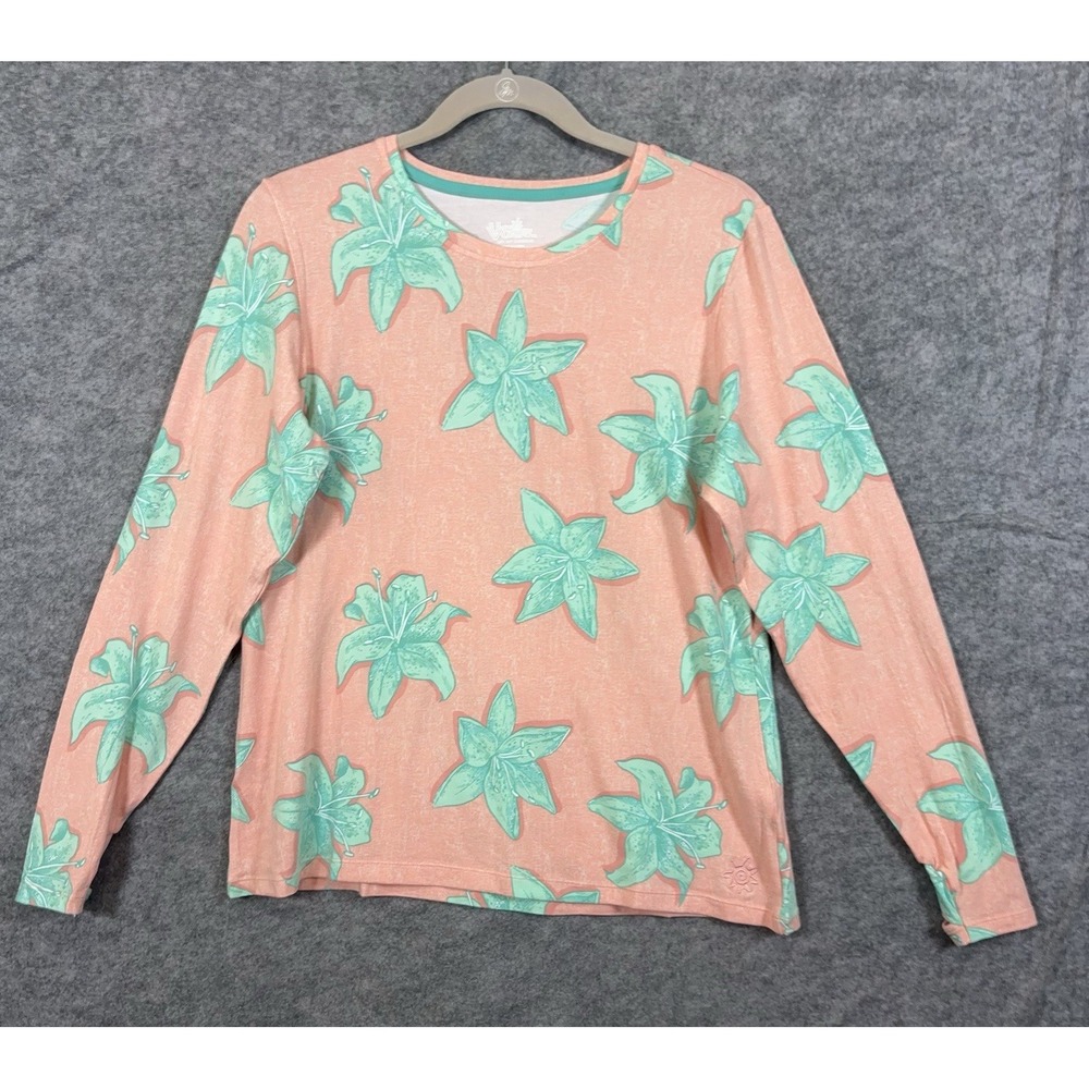 UV Skinz Sun Shirt Womens Sz L Peach Green Floral Thumb Holes UPF 50+ Beach